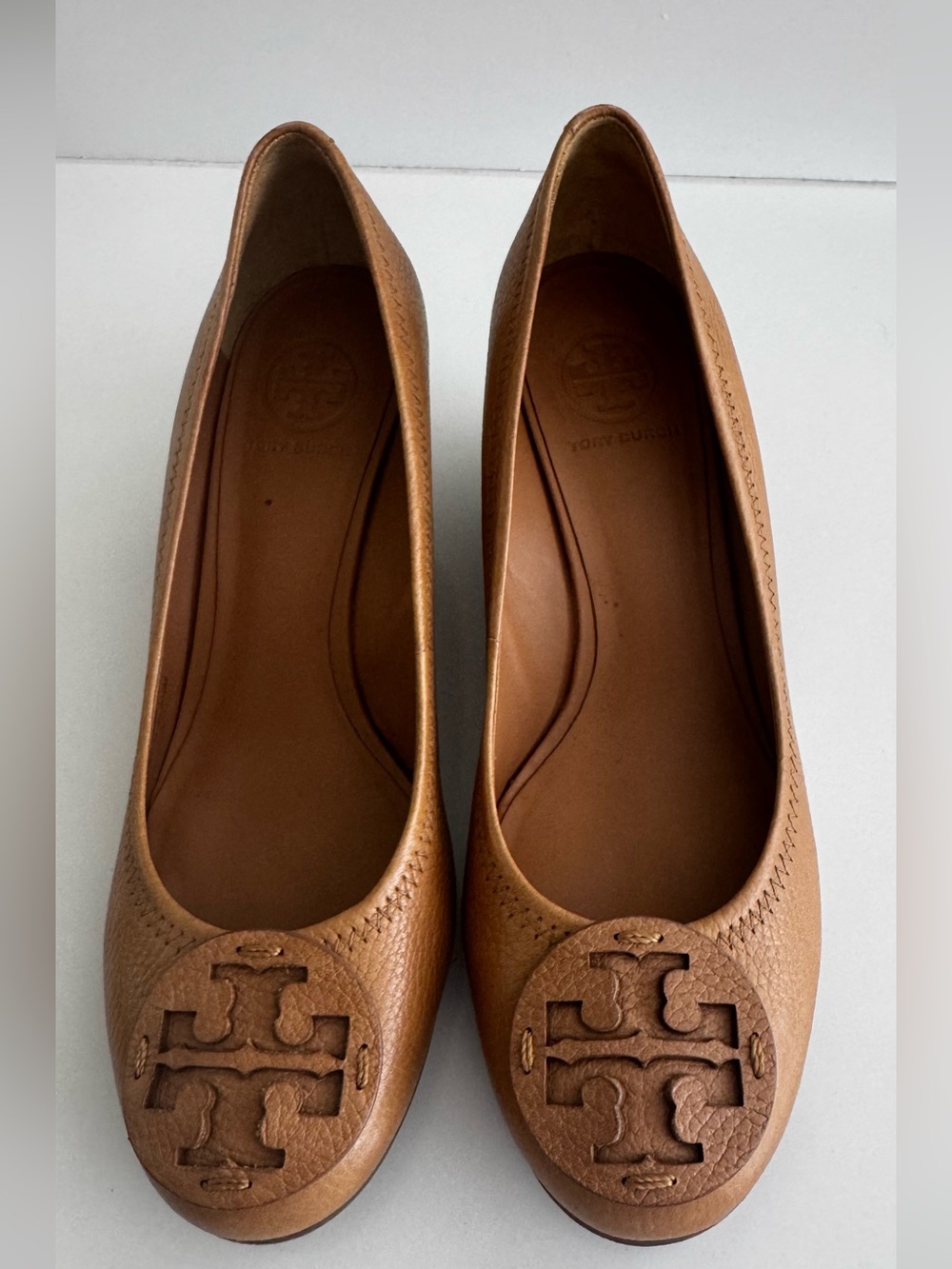 Tory Burch Cognac Leather Logo Wedge Heels